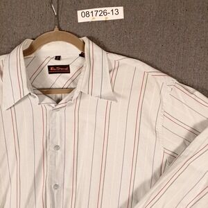 Ben Sherman Mens Large White Striped Long Sleeve Button Down Shirt Cotton Mod